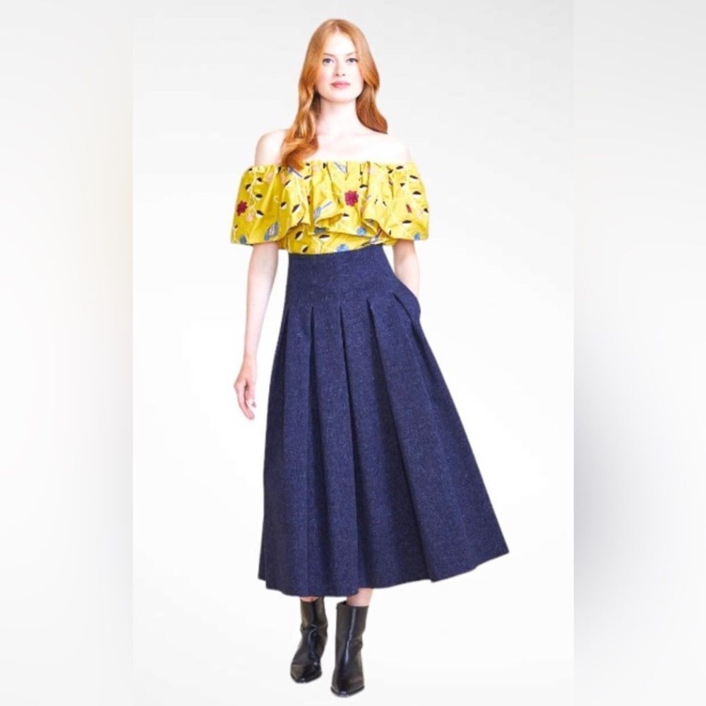 Pearl by Lela Rose  Embroidered CITRINE MULTI Cotton Ruffle Detail Top